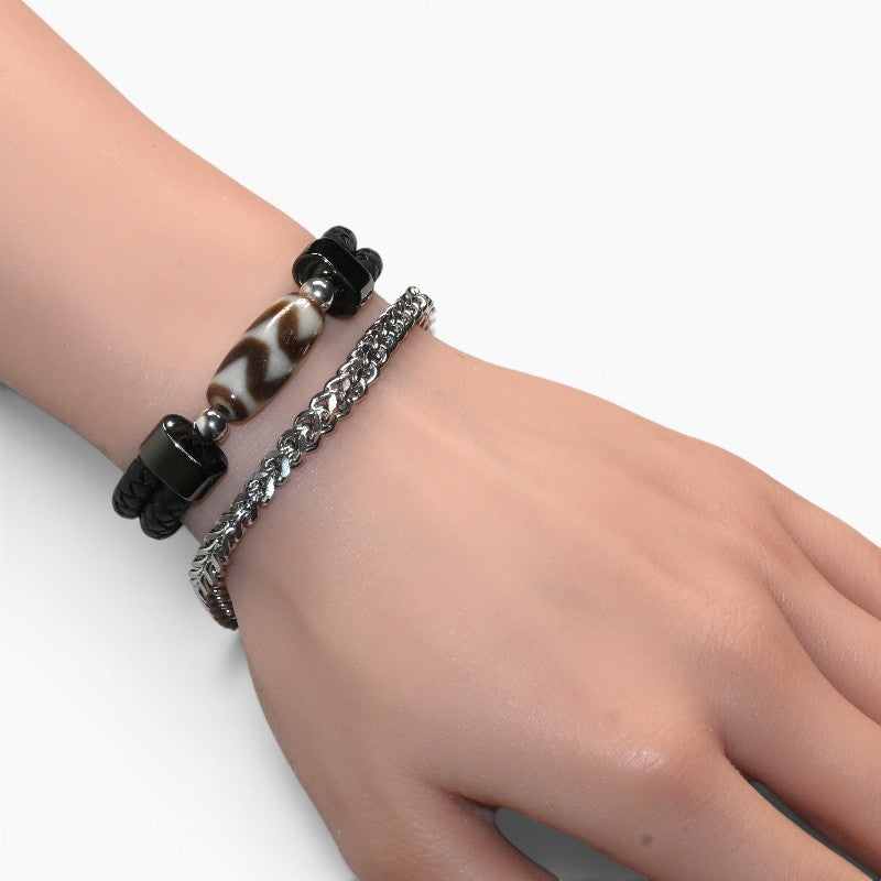 Tiger Tooth Wave Dzi Bead w/ Leather Bangle