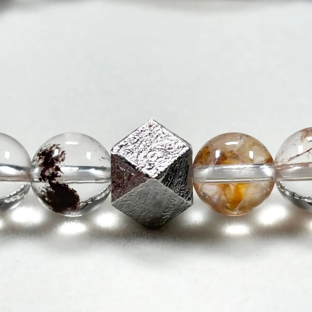 Golden Rutilated Quartz Charm + Hematoid Quartz w/ Sweden Meteorite Bracelet