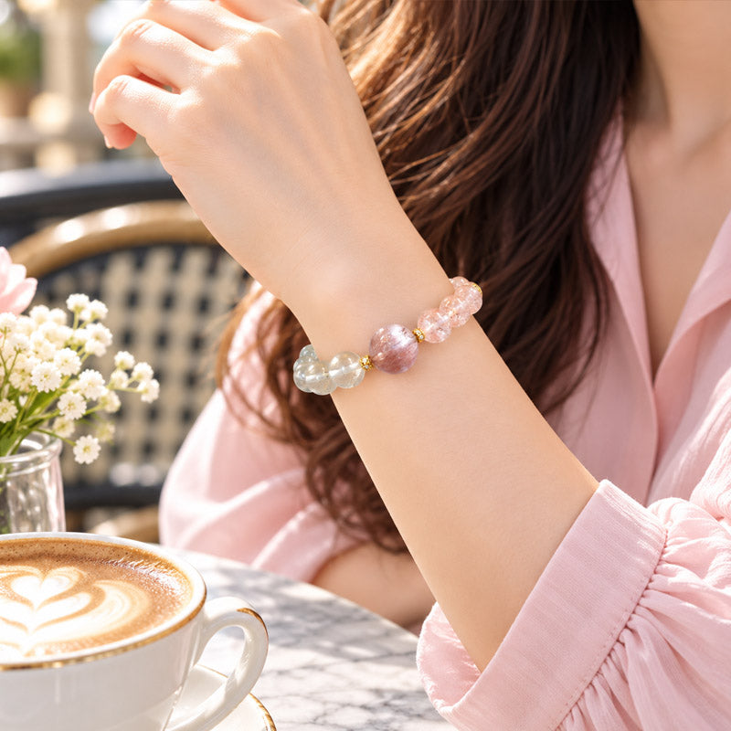 Pink Rabbit Fur Quartz Charm + Pink Azeztulite w/ White Sunstone Bracelet