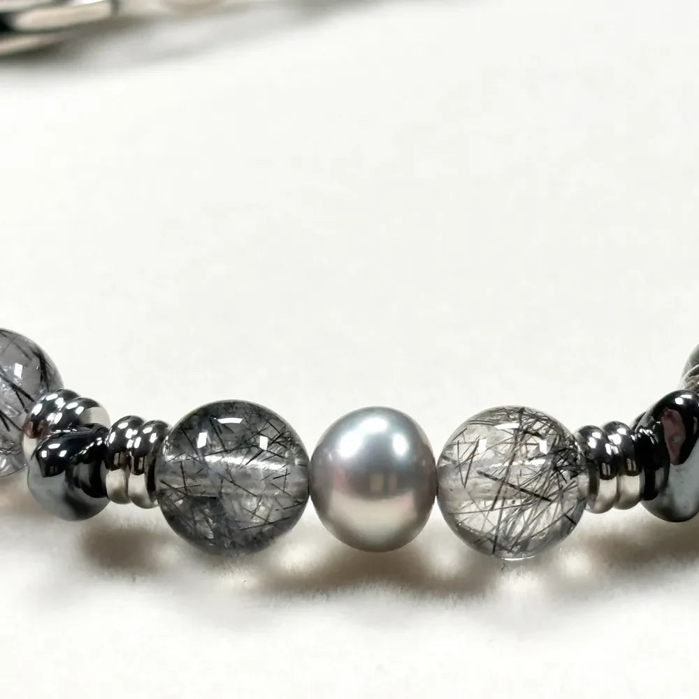 Black Rutilated Quartz Charm + Black Rutilated Quartz w/ Akoya Pearl Bracelet