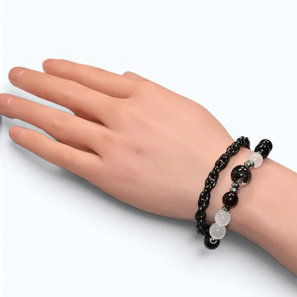 Black Herkimer Diamond Charm + Moonstone w/ Garnet Quartz Bracelet