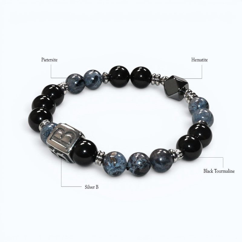 Silver B Charm + Pietersite w/ Black Tourmaline Bracelet