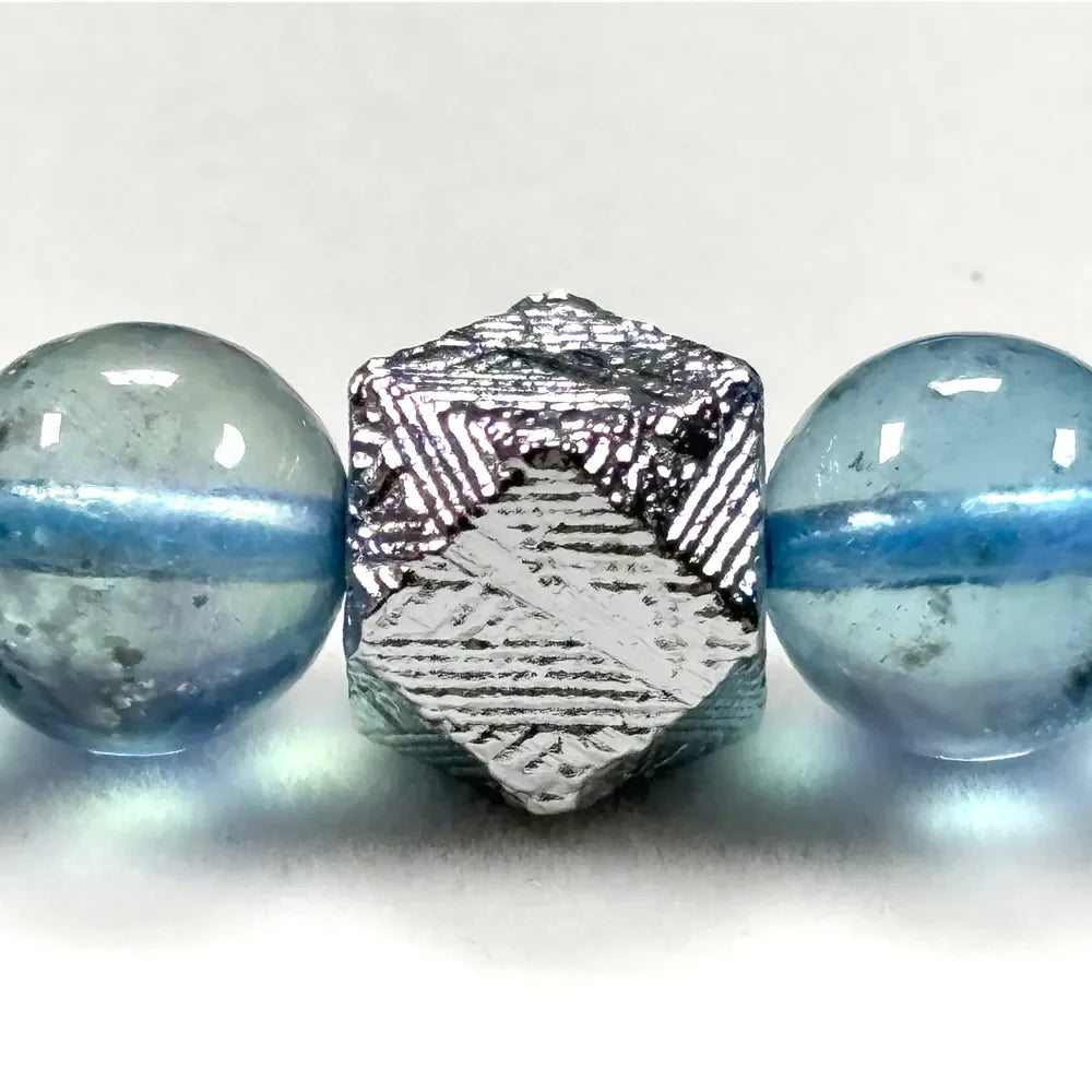 Black Rutilated Quartz Charm + Aquamarine Phantom Quartz  w/ Meteorite Bracelet