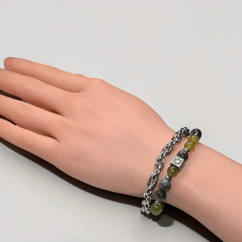 Letter Q | Serpentine Jade & Black Auralite Bracelet