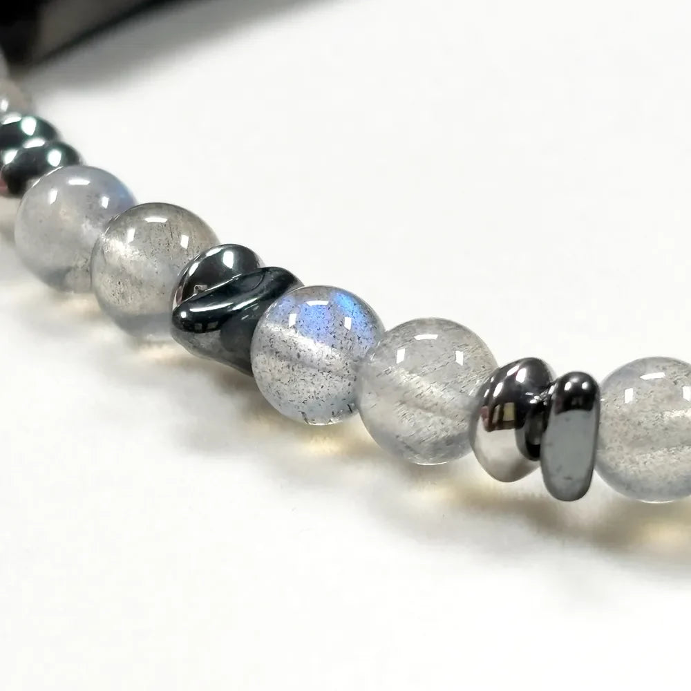 Double Silver Obsidian Charm w/  Grey Moonstone Bracelet