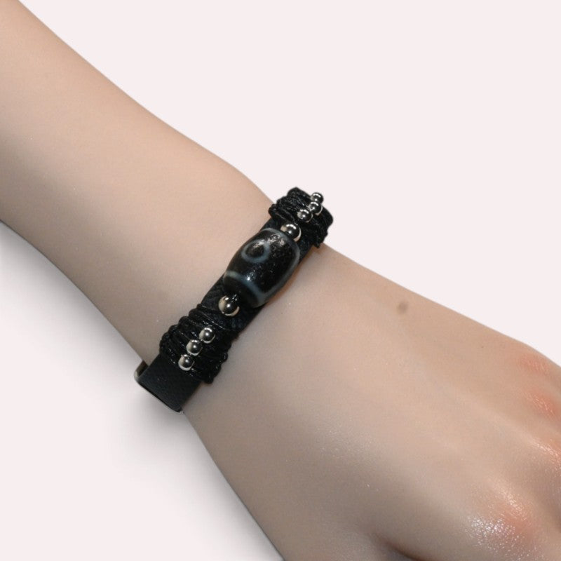 Special Two Eye Dzi Bead Leather Bracelet
