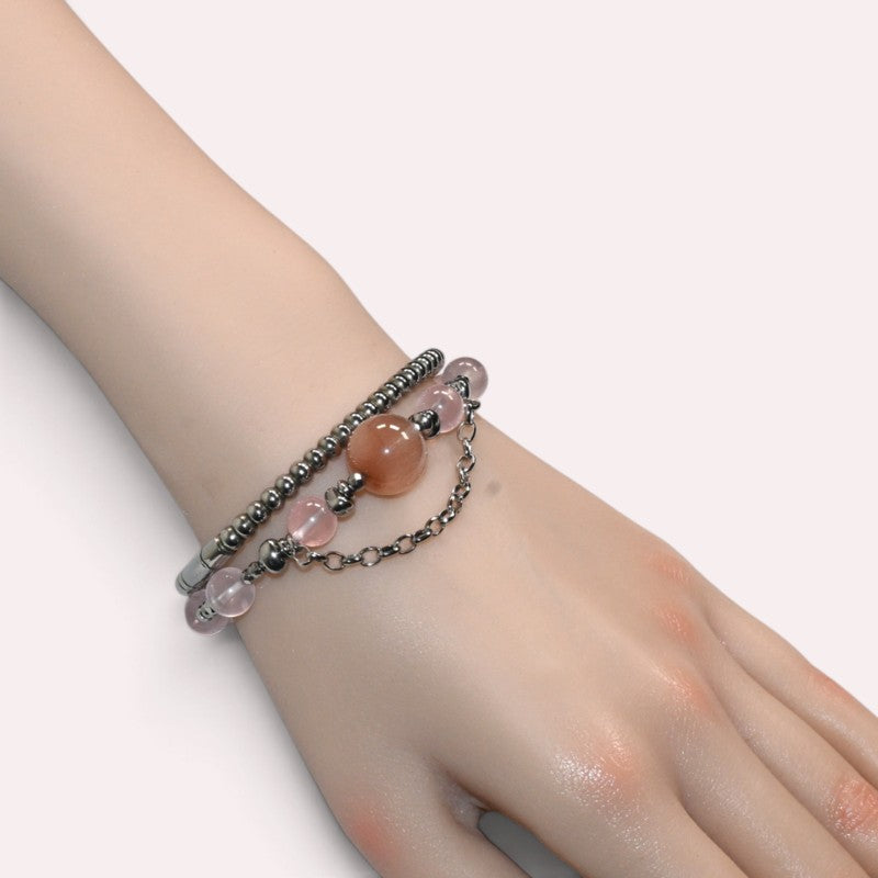 Pink Rabbit Fur Quartz Charm w/ Mozambique Rose Quartz Bracelet