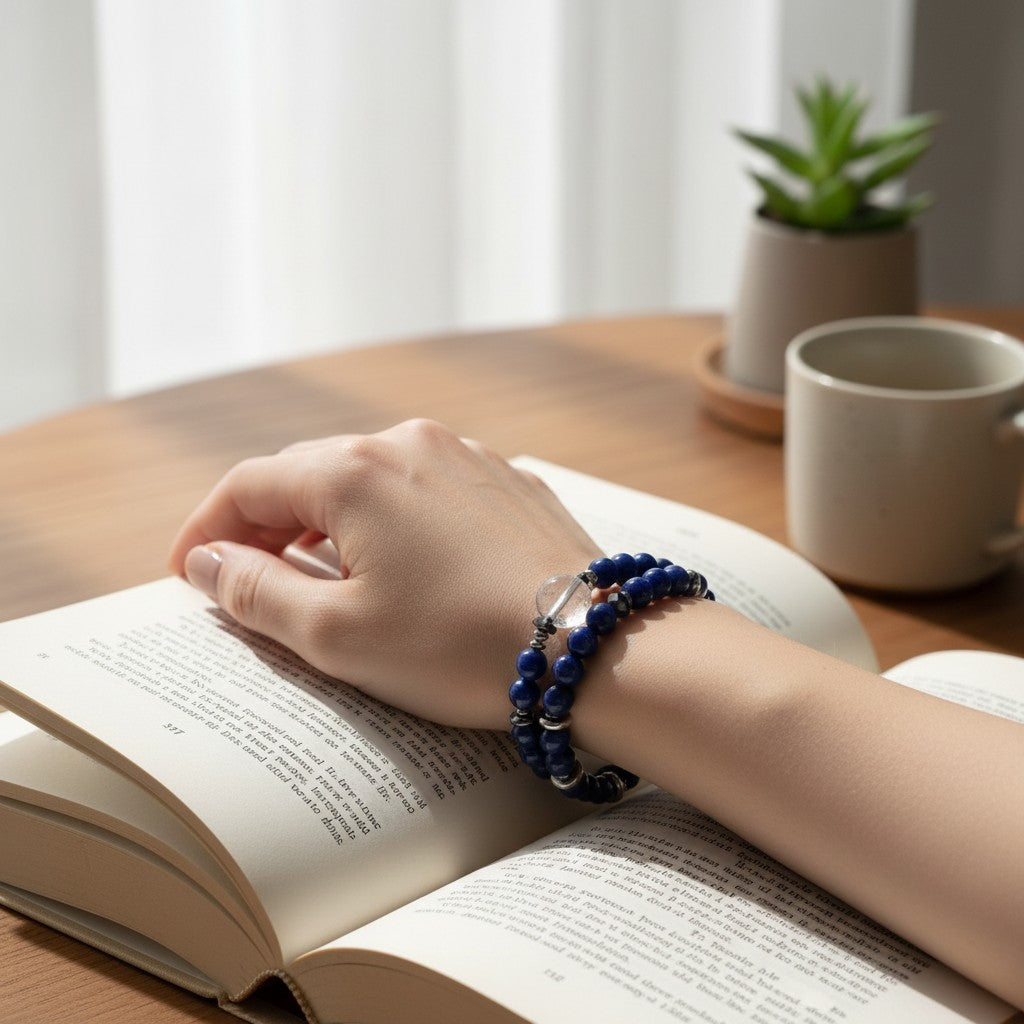 Rainbow Clear Quartz Charm w/ Lapis Lazuli Dual -Loop Bracelet