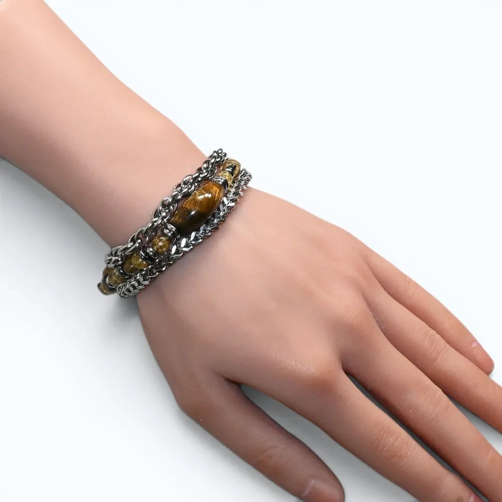 Double Tiger Eye Charm w/ Golden Titanium Rutilated Quartz Bracelet