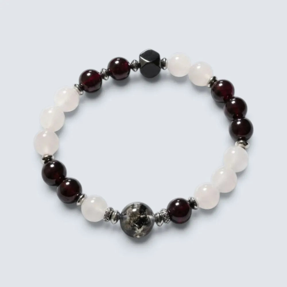 Black Herkimer Diamond Charm + Moonstone w/ Garnet Quartz Bracelet