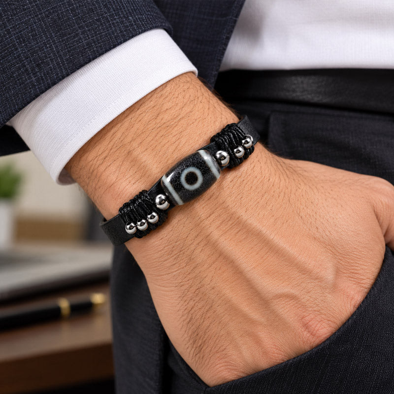 Special Two Eye Dzi Bead Leather Bracelet