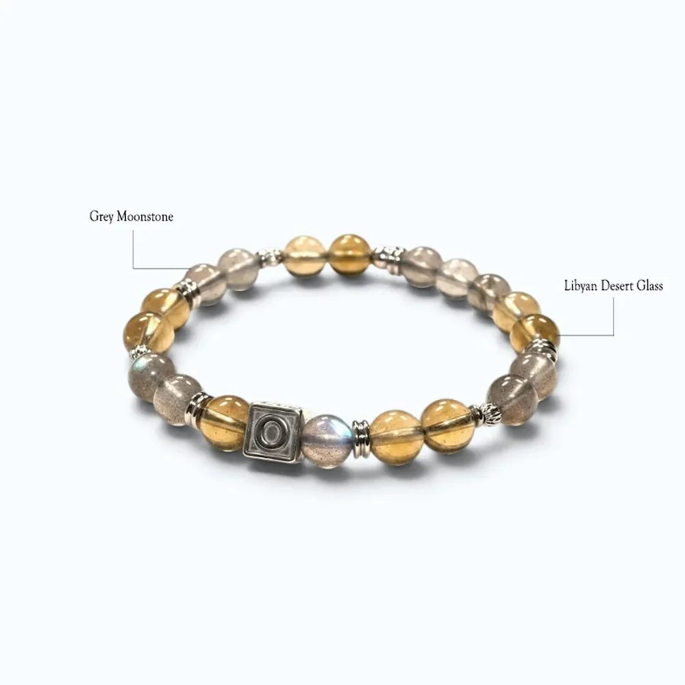 Letter O  | Grey Moonstone & Libyan Desert Glass Bracelet