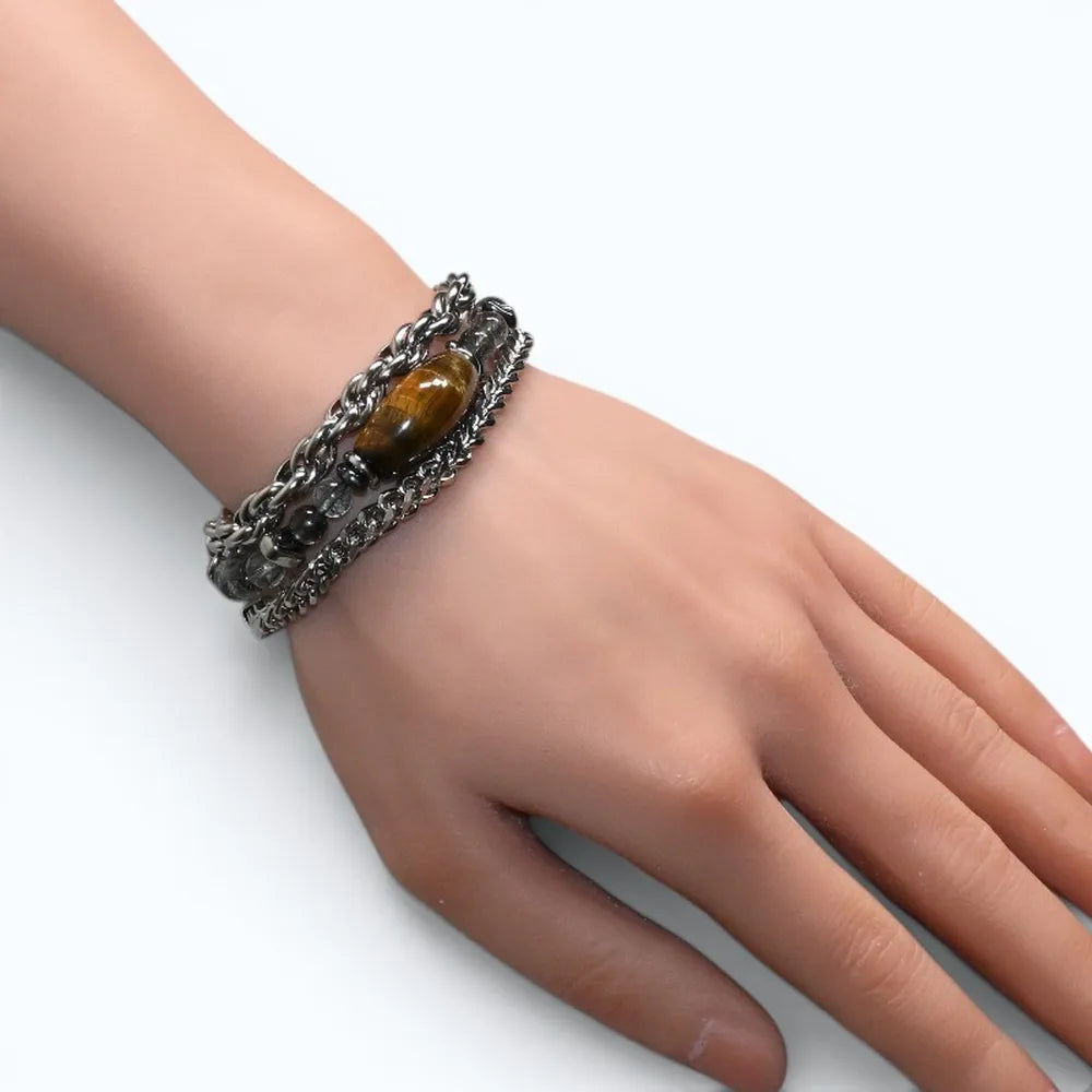 Double Tiger Eye Charm w/ Black Rutilated Quartz Bracelet