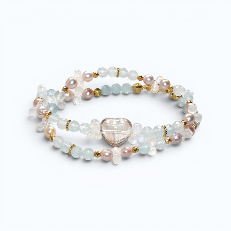Rutilated Quartz Charm + Aquamarine+ Moonstone w/ Freshwater Pearl Dual- Loop Bracelet