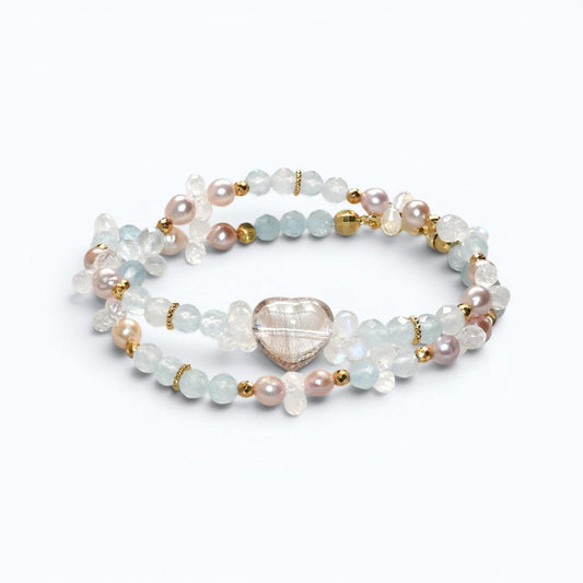 Rutilated Quartz Charm + Aquamarine+ Moonstone w/ Freshwater Pearl Dual- Loop Bracelet