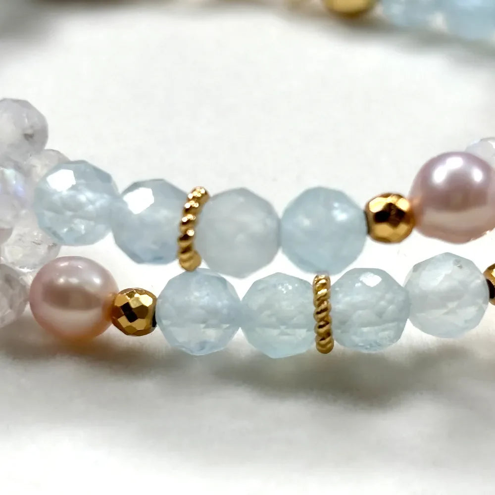 Rutilated Quartz Charm + Aquamarine+ Moonstone w/ Freshwater Pearl Dual- Loop Bracelet