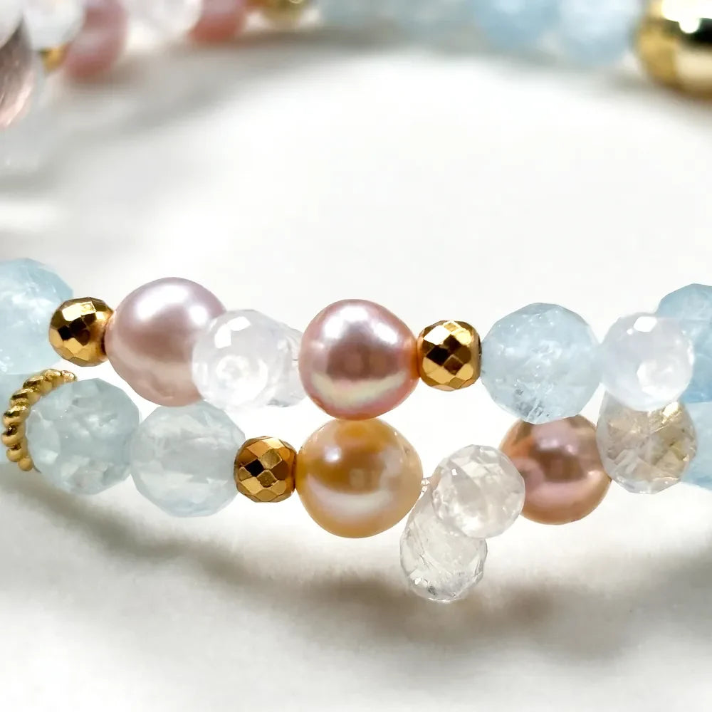 Rutilated Quartz Charm + Aquamarine+ Moonstone w/ Freshwater Pearl Dual- Loop Bracelet