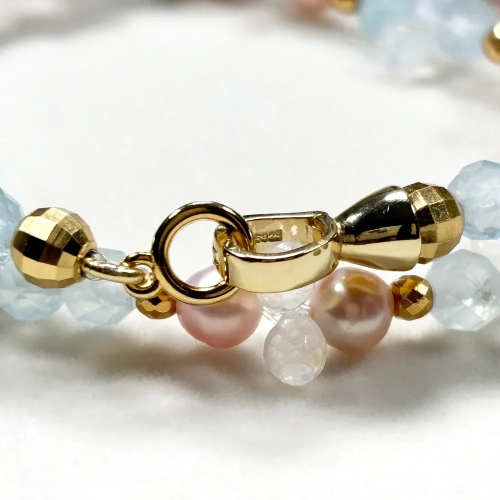 Rutilated Quartz Charm + Aquamarine+ Moonstone w/ Freshwater Pearl Dual- Loop Bracelet