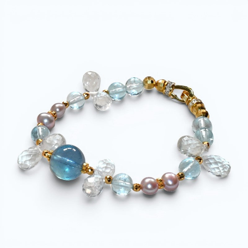 Aquamarine Charm +  Blue Topaz + Clear Quartz w/ Freshwater Pearl Bracelet