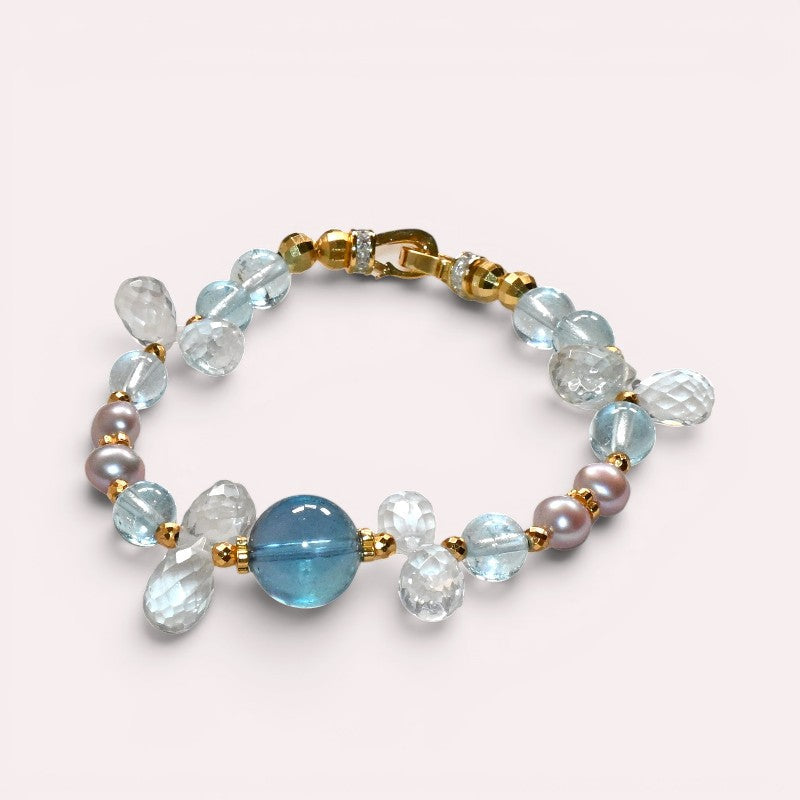 Aquamarine Charm +  Blue Topaz + Clear Quartz w/ Freshwater Pearl Bracelet