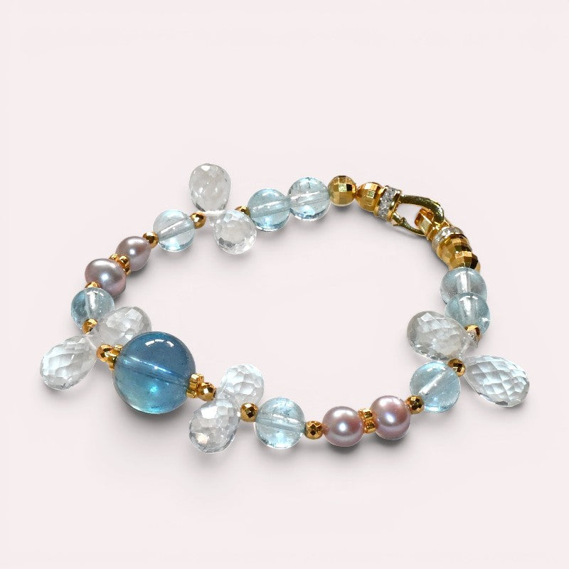 Aquamarine Charm +  Blue Topaz + Clear Quartz w/ Freshwater Pearl Bracelet