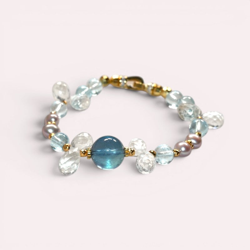 Aquamarine Charm +  Blue Topaz + Clear Quartz w/ Freshwater Pearl Bracelet