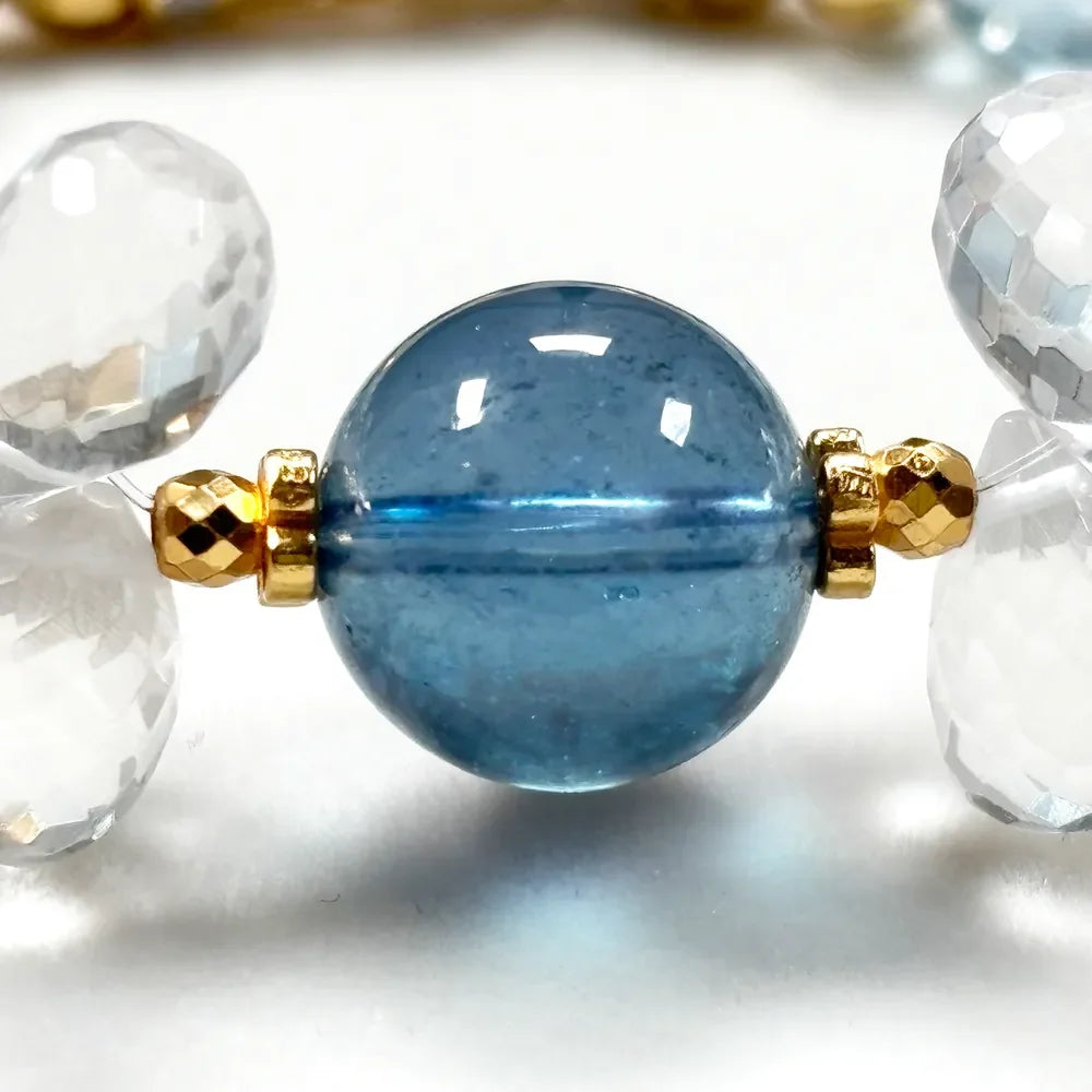 Aquamarine Charm +  Blue Topaz + Clear Quartz w/ Freshwater Pearl Bracelet