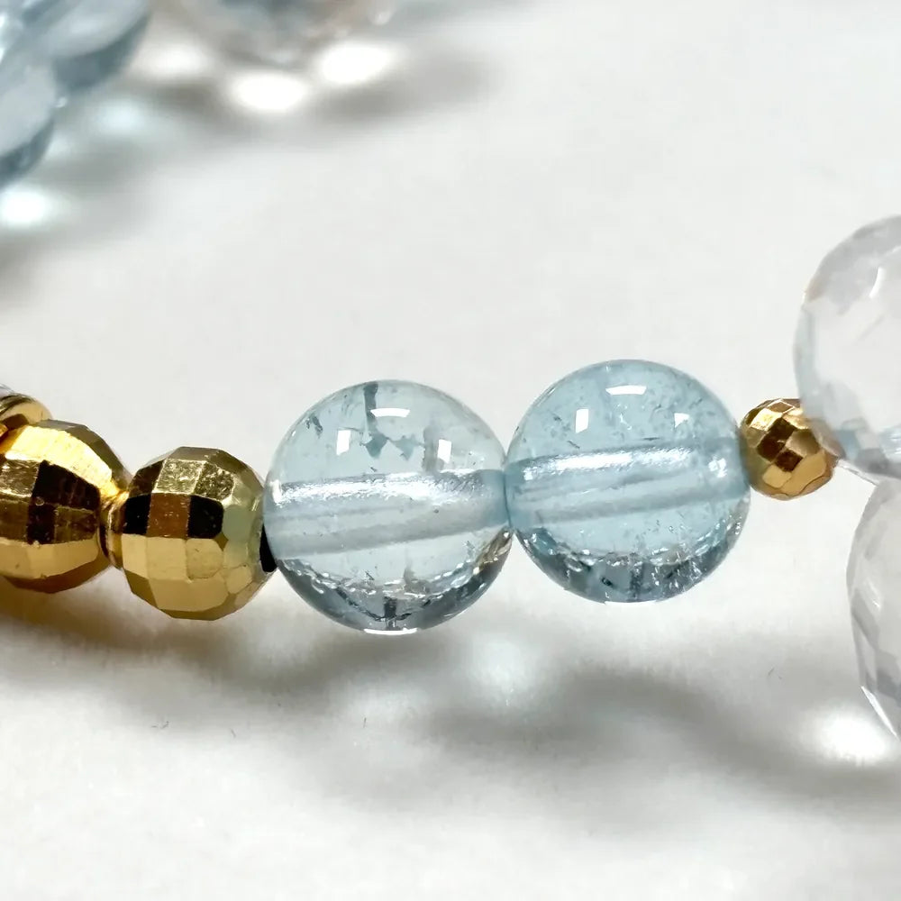 Aquamarine Charm +  Blue Topaz + Clear Quartz w/ Freshwater Pearl Bracelet