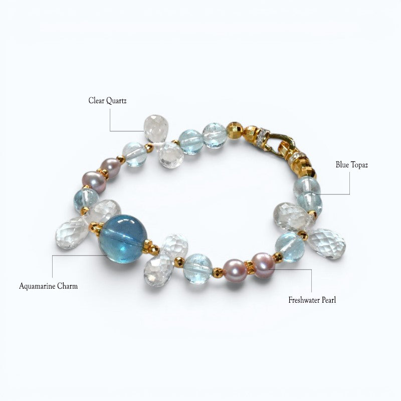 Aquamarine Charm +  Blue Topaz + Clear Quartz w/ Freshwater Pearl Bracelet