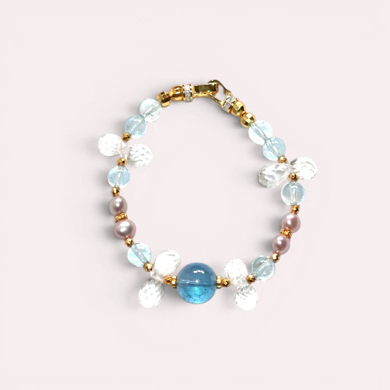 Aquamarine Charm +  Blue Topaz + Clear Quartz w/ Freshwater Pearl Bracelet