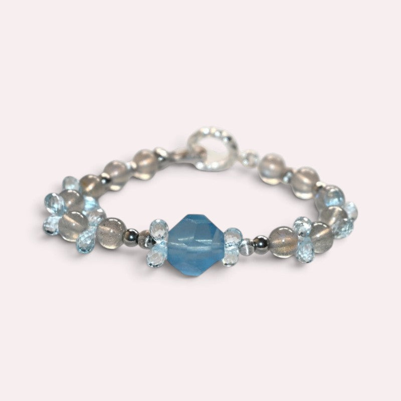 Aquamarine Charm + Grey Moonstone w/ Blue Topaz Bracelet