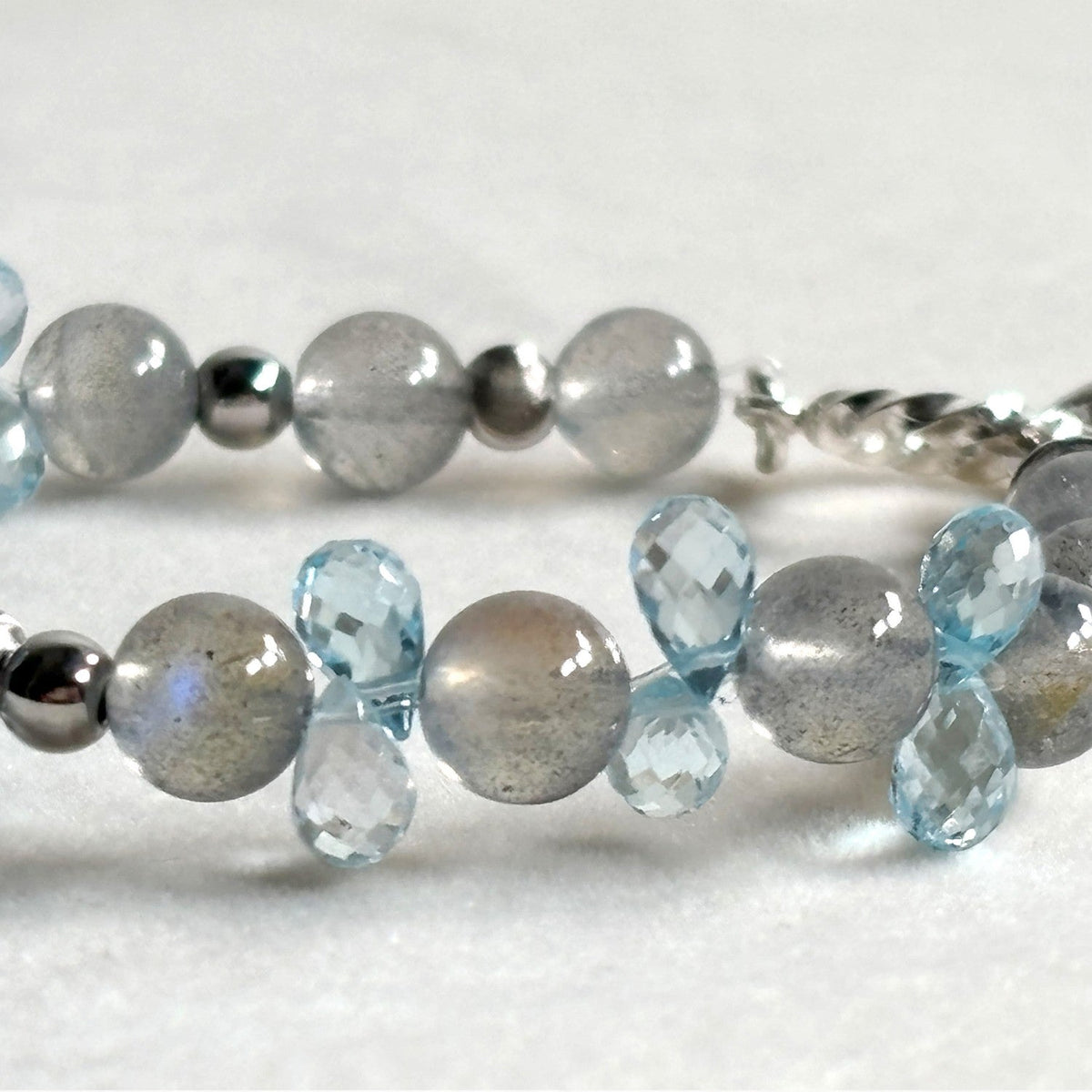 Aquamarine Charm + Grey Moonstone w/ Blue Topaz Bracelet