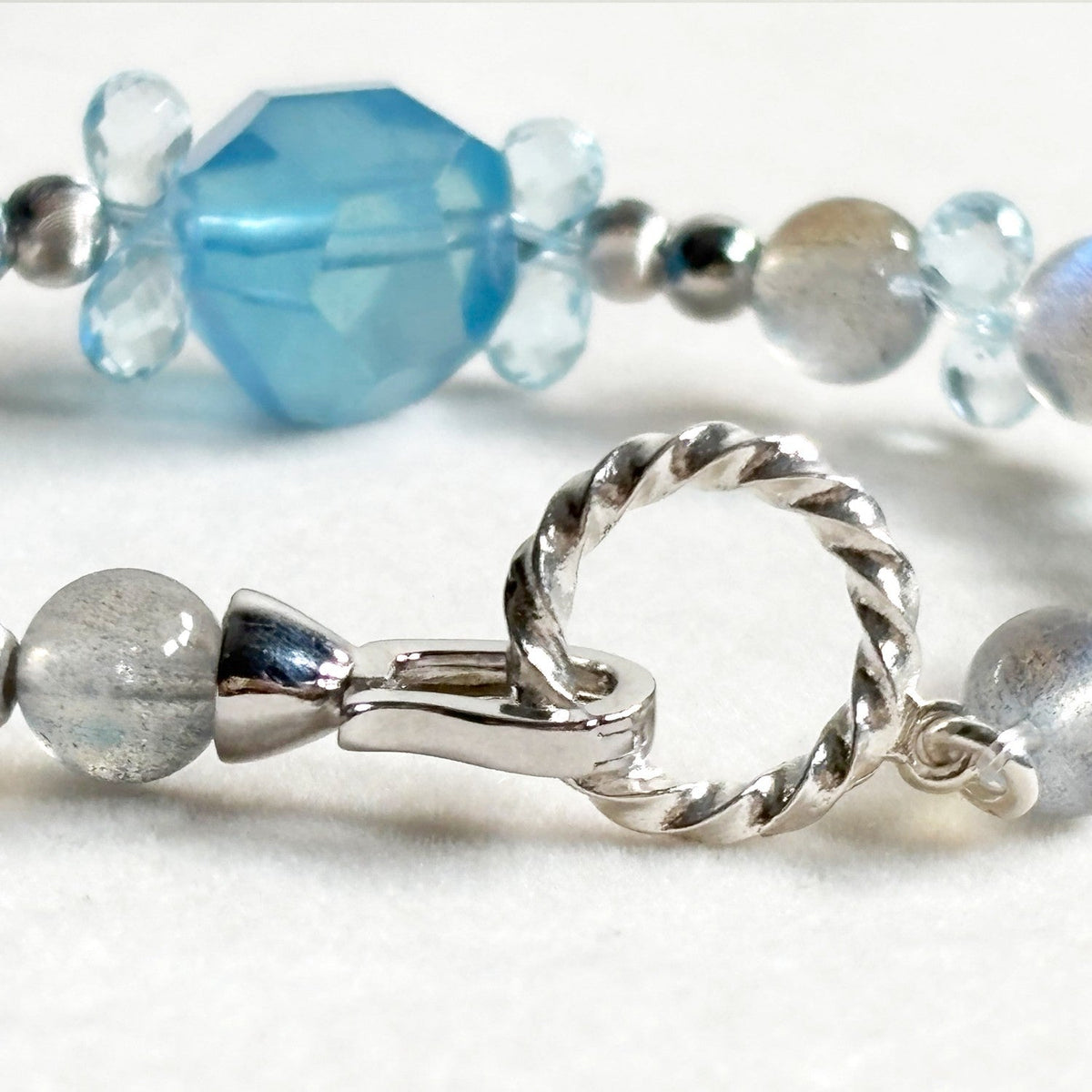 Aquamarine Charm + Grey Moonstone w/ Blue Topaz Bracelet