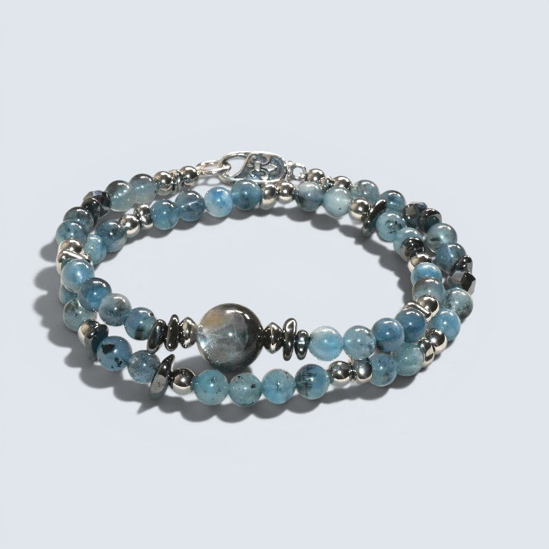 Black Sunstone w/ Devil Blue Aquamarine Dual -Loop Bracelet