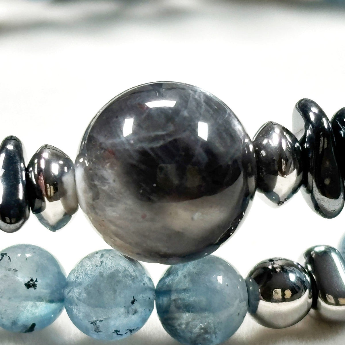 Black Sunstone w/ Devil Blue Aquamarine Dual -Loop Bracelet