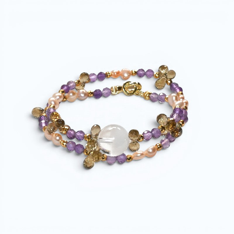 White Phantom Quartz Charm + Amethyst + Citrine w/ Freshwater Pearl Dual- Loop Bracelet