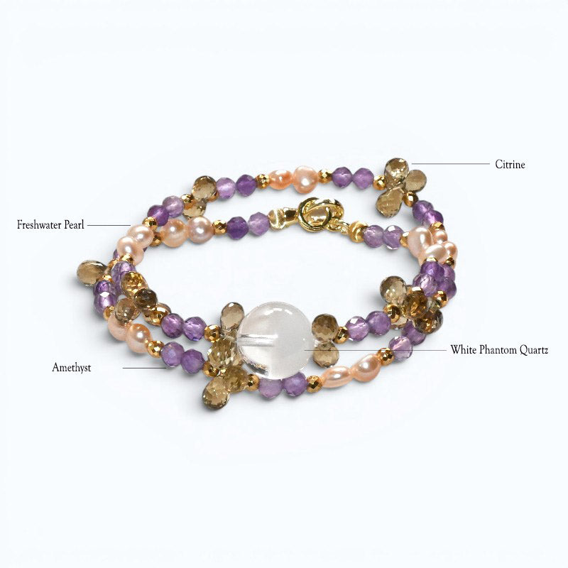 White Phantom Quartz Charm + Amethyst + Citrine w/ Freshwater Pearl Dual- Loop Bracelet