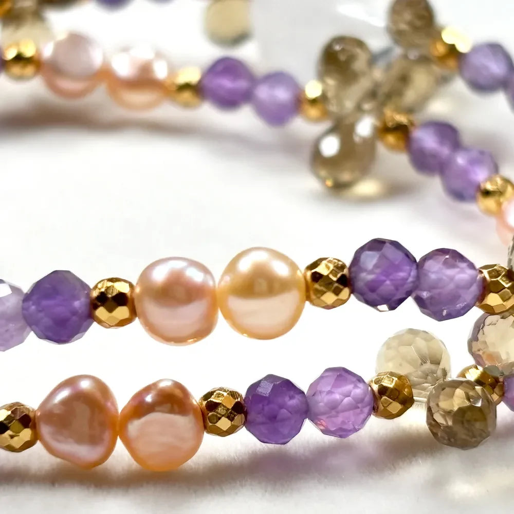 White Phantom Quartz Charm + Amethyst + Citrine w/ Freshwater Pearl Dual- Loop Bracelet