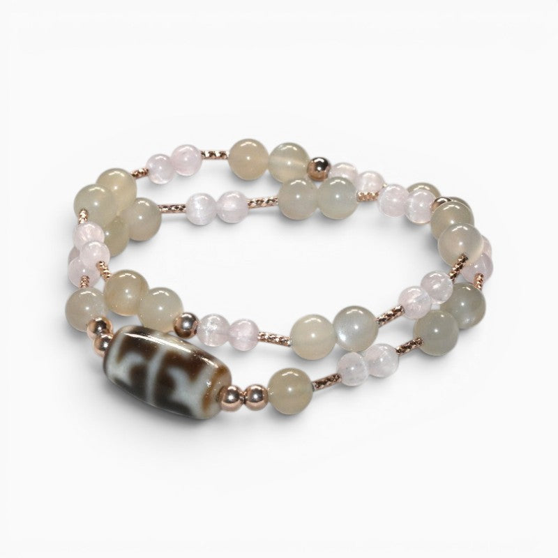 Wujie Boundless Dzi Bead + Green Moonstone w/ Kunzite Dual-Loop Bracelet