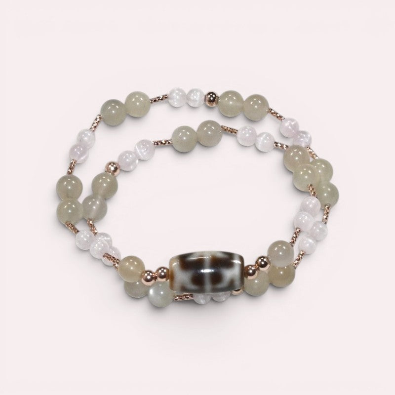 Wujie Boundless Dzi Bead + Green Moonstone w/ Kunzite Dual-Loop Bracelet