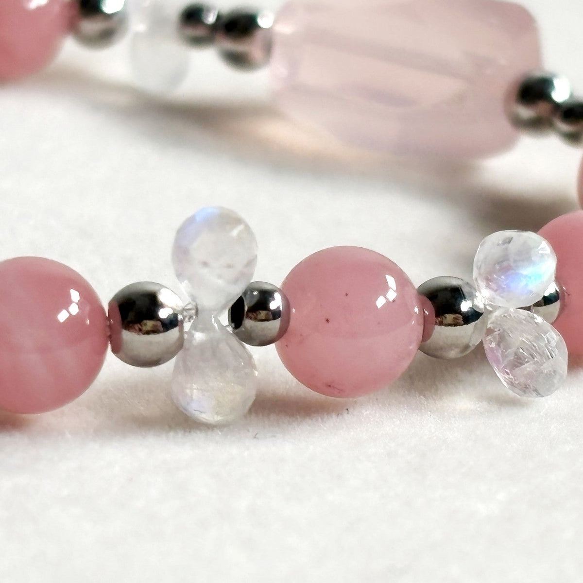 Rose Quartz Charm +Guava Quartz  w/ Moonstone Bracelet