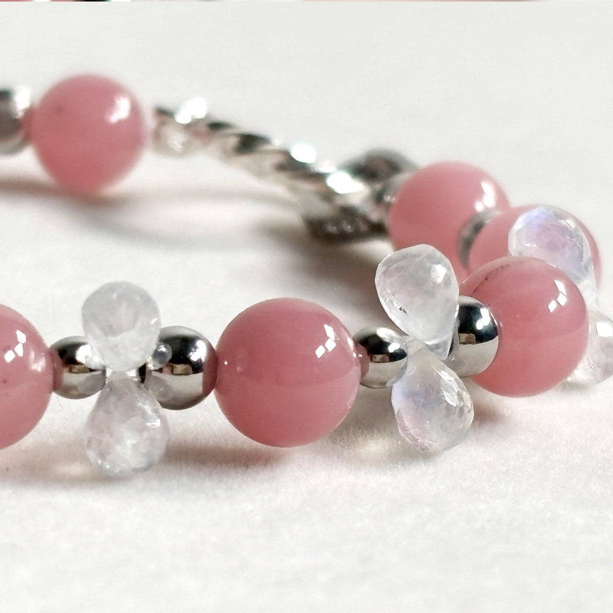 Rose Quartz Charm +Guava Quartz  w/ Moonstone Bracelet