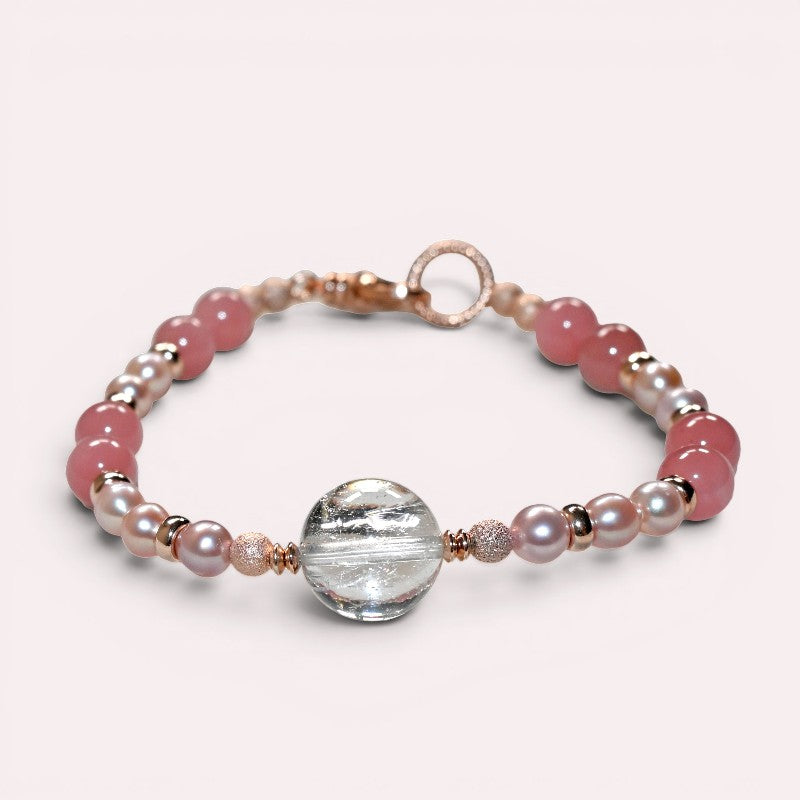 Rainbow Clear Quartz Charm +  Guava Quartz w/ Freshwater Pearl Bracelet
