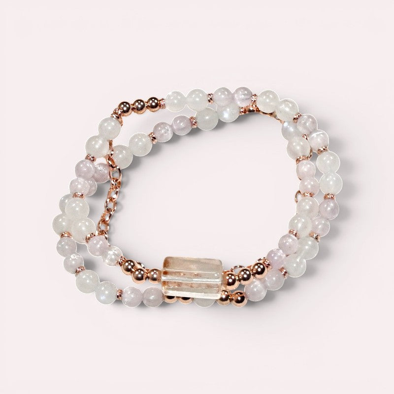 White Phantom Quartz Charm + Moonstone w/ kunzite Dual- Loop Bracelet