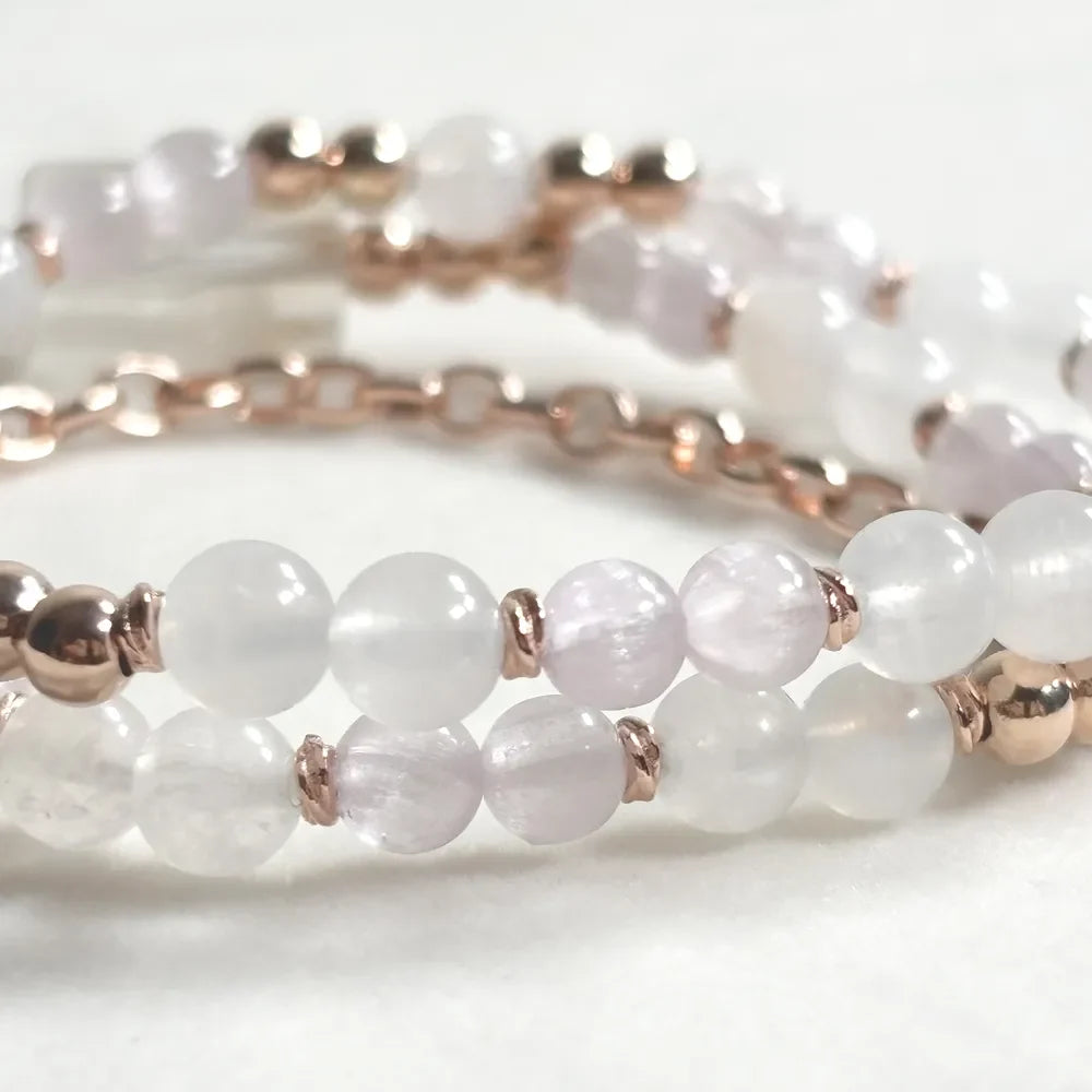 White Phantom Quartz Charm + Moonstone w/ kunzite Dual- Loop Bracelet