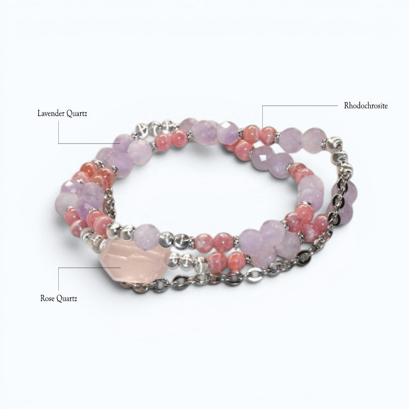 Rose Quartz Charm + Lavender Quartz w/ Rhodochrosite Dual- Loop Bracelet