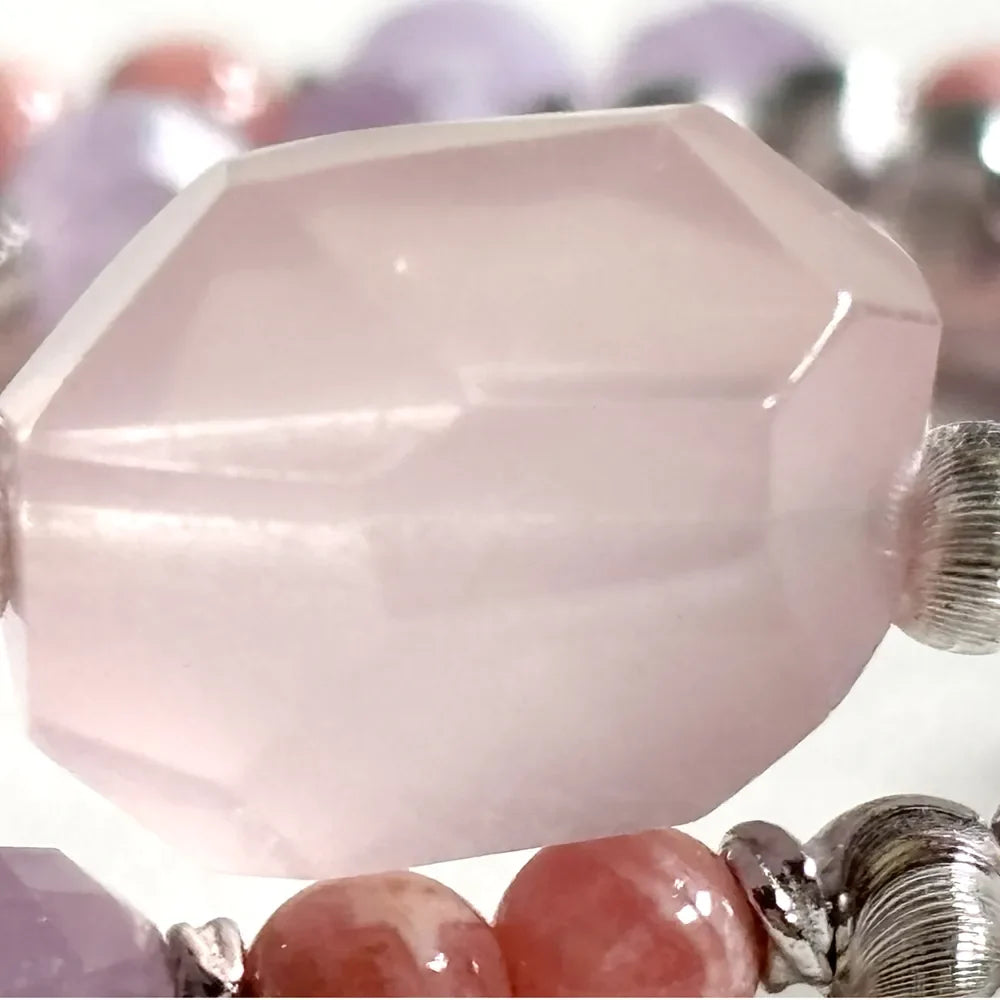 Rose Quartz Charm + Lavender Quartz w/ Rhodochrosite Dual- Loop Bracelet