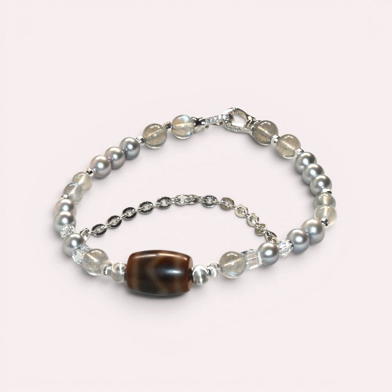 Horse Tooth Dzi Bead +  Grey Moonstone w/ Akoya Pearl Bangle