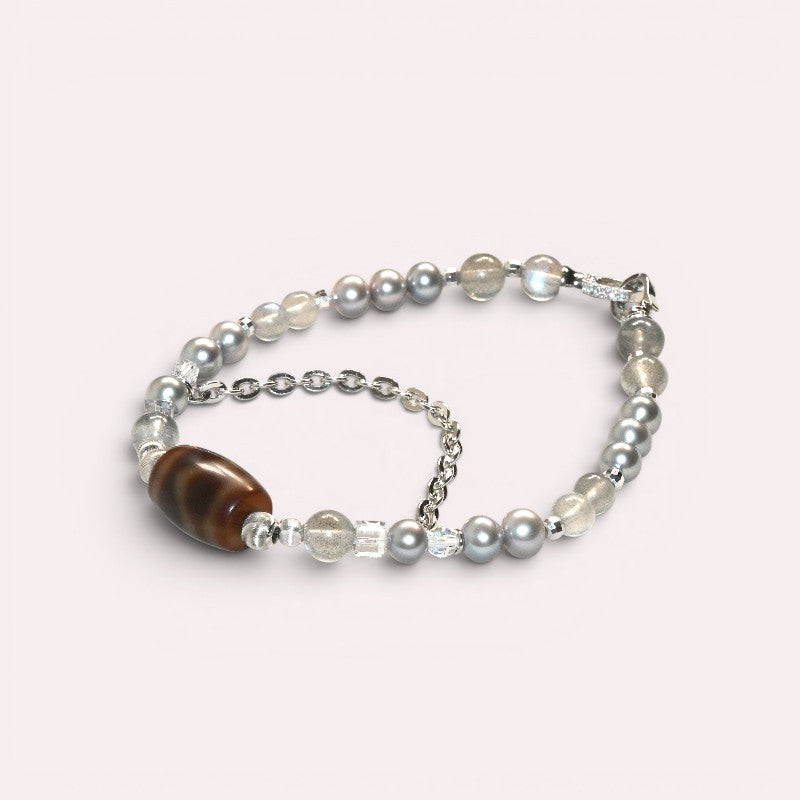 Horse Tooth Dzi Bead +  Grey Moonstone w/ Akoya Pearl Bangle