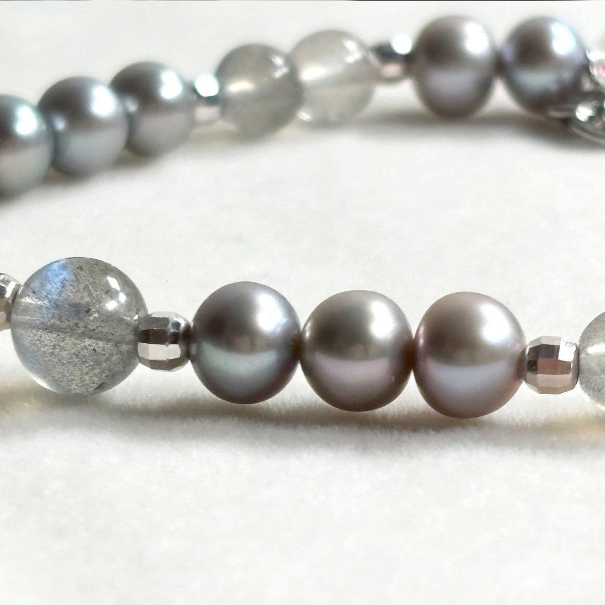 Horse Tooth Dzi Bead +  Grey Moonstone w/ Akoya Pearl Bangle